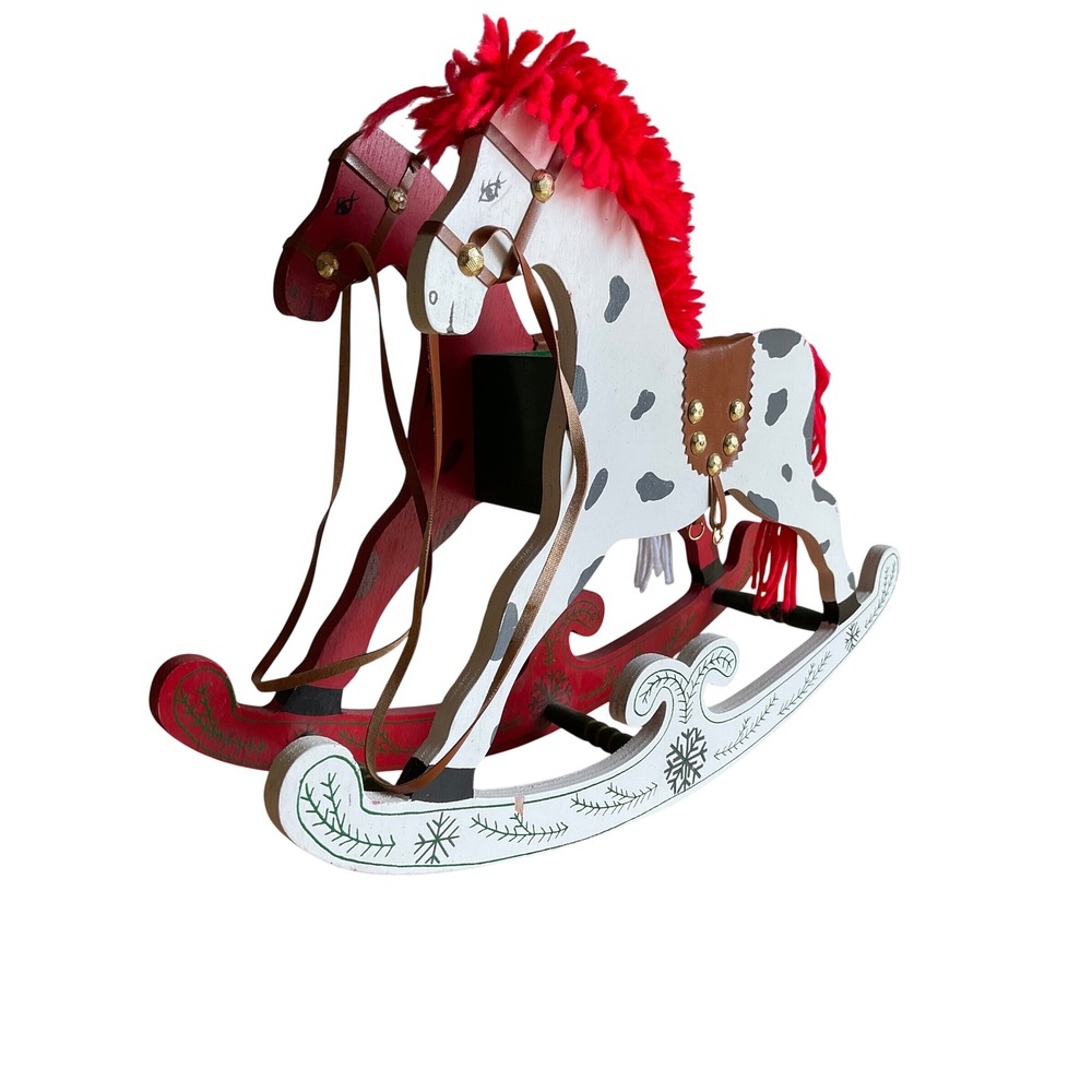 Vintage Wooden Double Rocking Horse Planter Holiday Decor Red‎ White Folk Art